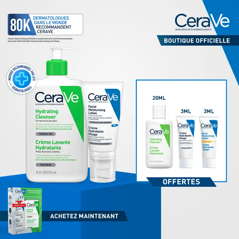 CERAVE Pack crème lavante hydratante 473 ml + crème hydratante visage 52 ml + 3 miniatures offertes