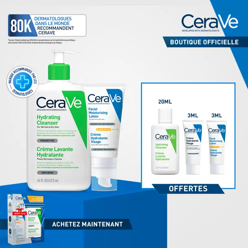 CERAVE Pack crème lavante hydratante 473 ml + crème hydratante visage spf50 ml + 3 miniatures offertes CERAVE Avis(0)