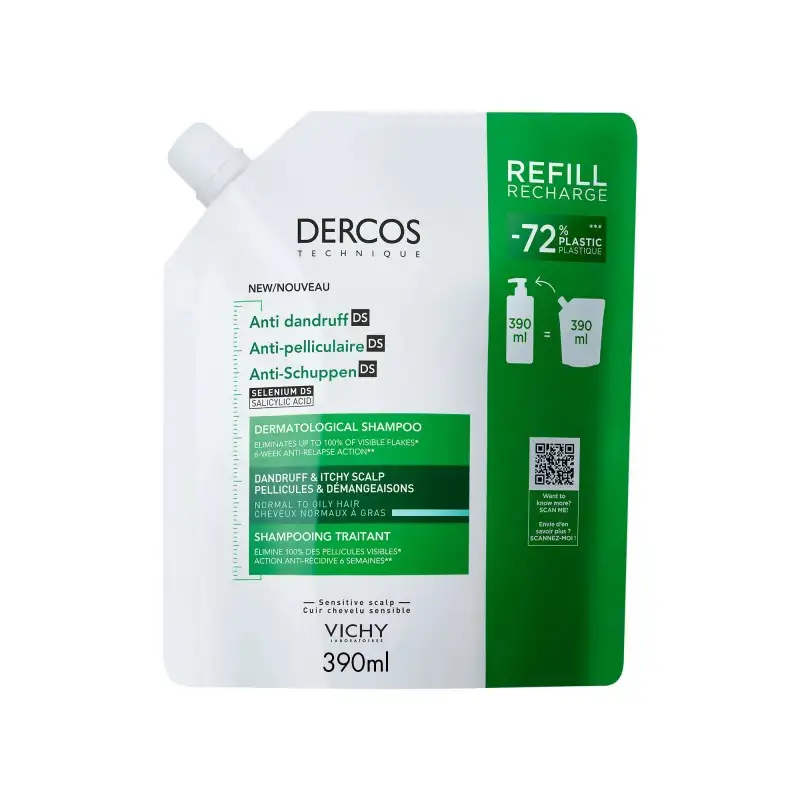VICHY DERCOS ANTI-PELLICULAIRE SHAMPOOING TRAITANT CHEVEUX NORMAUX A GRAS ECO-RECHARGE 390ML