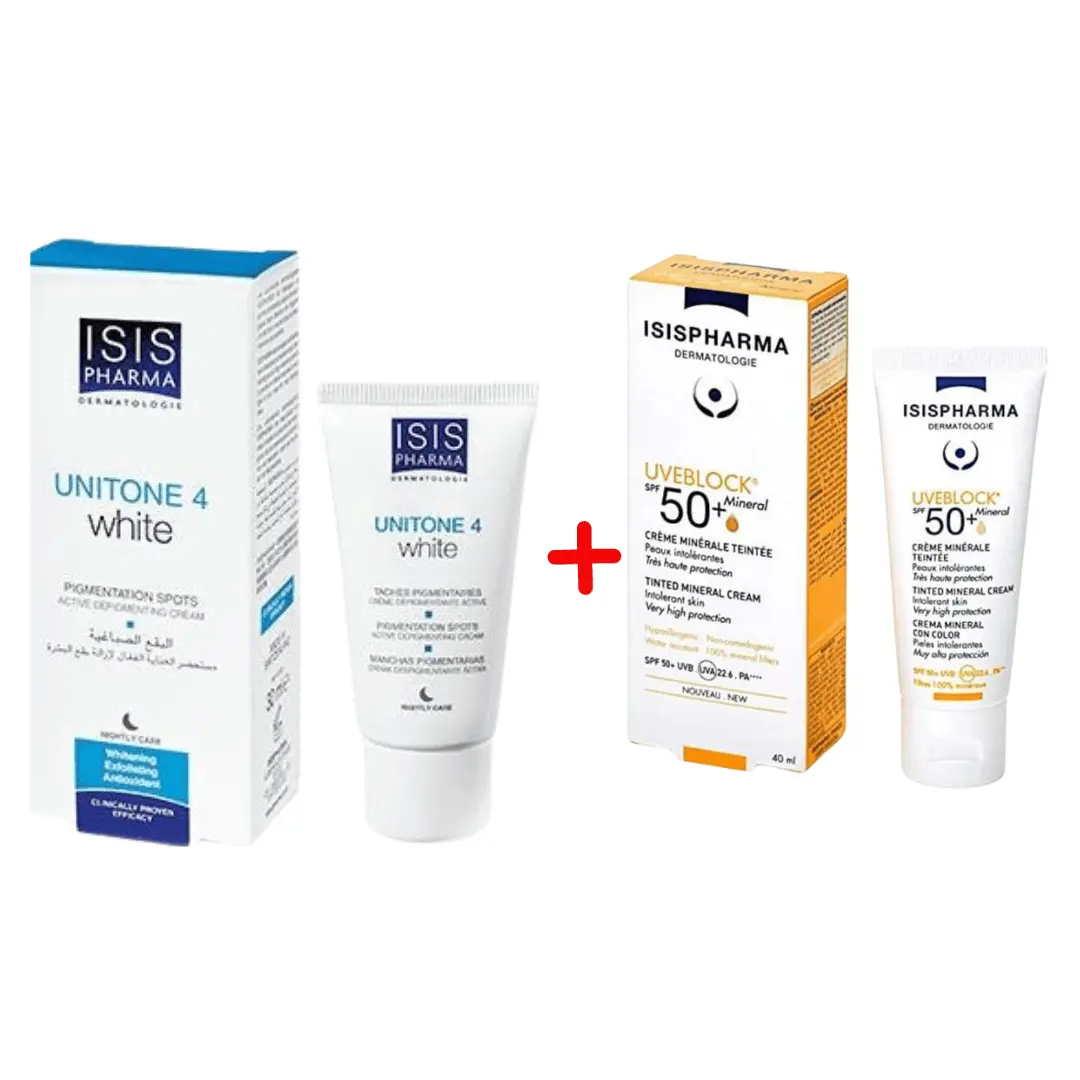 8d99b7cda9038db96b65b4575b537413 ISISPHARMA PACK UNITONE 4 WHITE CREME 30 ML + UVEBLOCK SPF 50+ MINERAL TEINTE 40 ML – Image 1