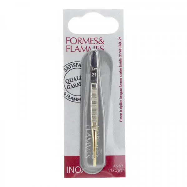 FORMES&FLAMMES PINCE A EPILER LONGUE FORME CRABE BOUTS DORÉ REF 21