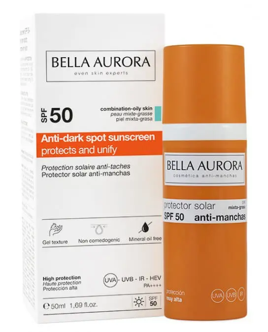 bella-aurora-protector-solar-antimanchas-spf50-piel-mixta-grasa-50-ml Bella Aurora Gel solaire Anti-taches Peaux mixtes/grasses SPF 50+ 50 ml – Image 1