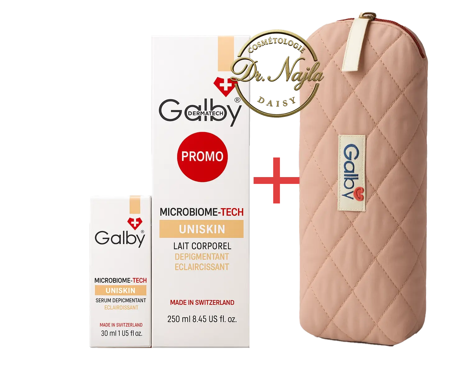 galbbby4-1.webp Pack Promo Galby Uniskin – Lait Corporel Dépigmentant & Éclaircissant + Sérum Unifiant avec Trousse Offerte – Image 1